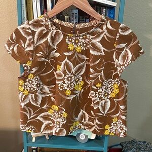 Vintage Brown Floral Barkcloth fabric cropped top